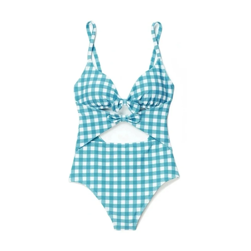 Adore Me Gingham One Piece Swimsuit 0X‎ Blue White Cutout Bow Front NWT Plus
